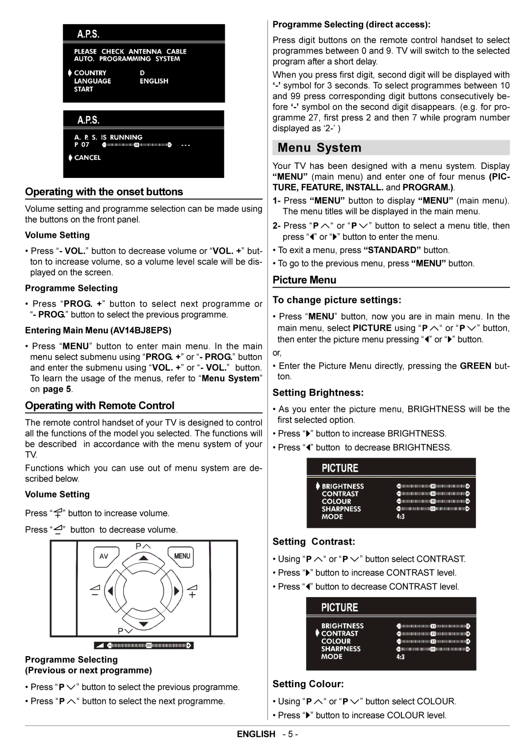 JVC AV14BJ8EPS Menu System, Operating with the onset buttons, Picture Menu, Operating with Remote Control, Setting Colour 