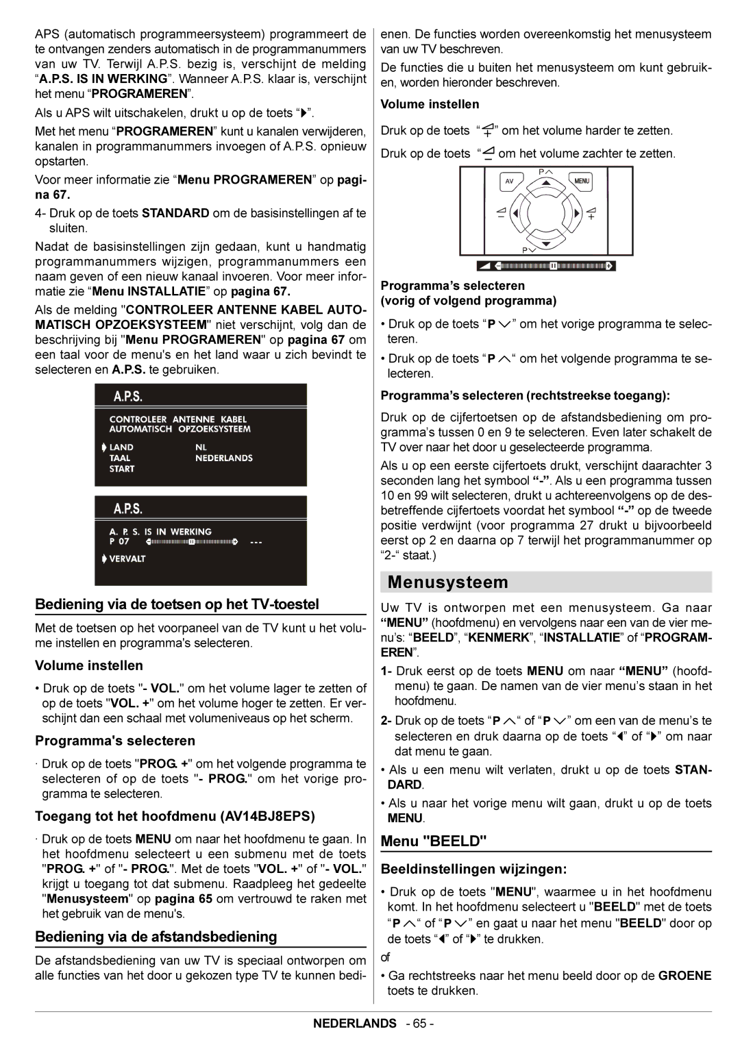 JVC AV14BJ8EPS Menusysteem, Bediening via de toetsen op het TV-toestel, Bediening via de afstandsbediening, Menu Beeld 