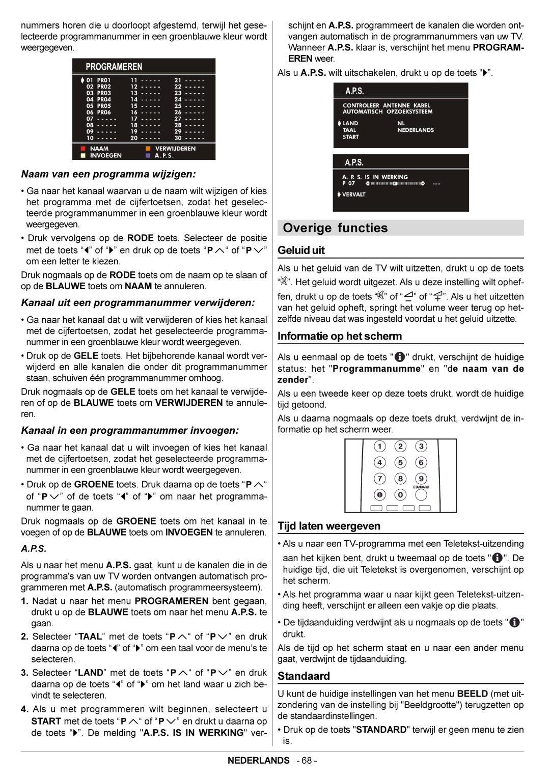 JVC AV14BJ8EPS manual Overige functies, Geluid uit, Informatie op het scherm, Tijd laten weergeven, Standaard 