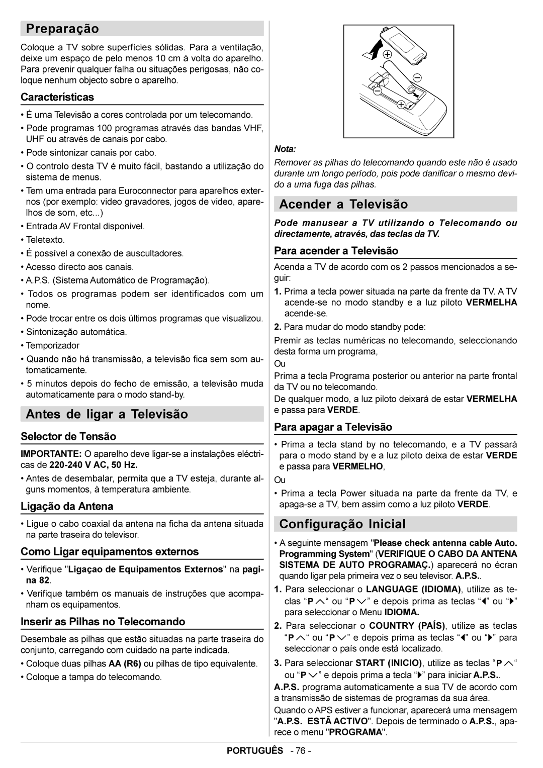 JVC AV14BJ8EPS manual Preparação, Antes de ligar a Televisão, Acender a Televisão, Configuração Inicial 