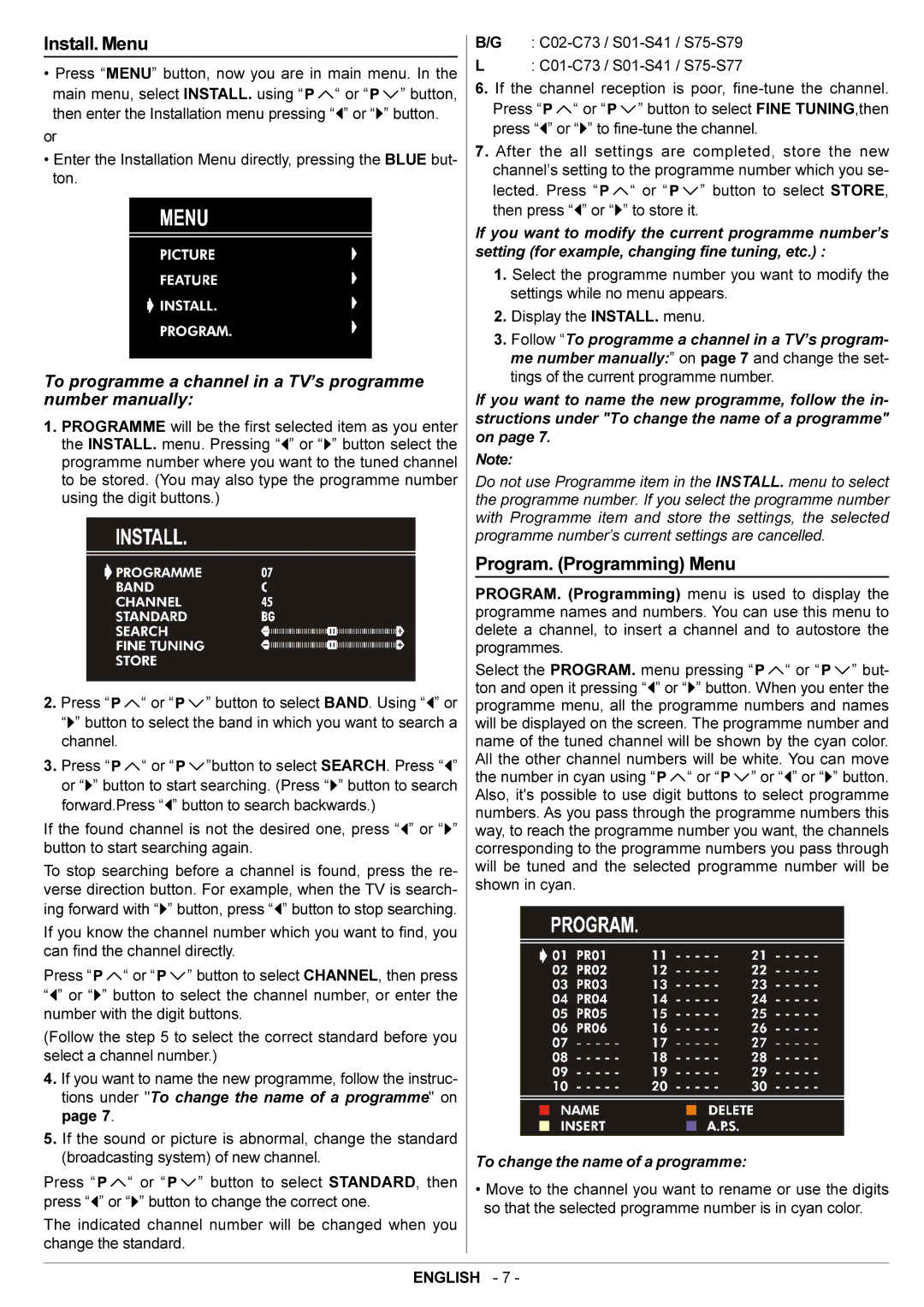 JVC AV14BJ8EPS manual Install. Menu, Program. Programming Menu 