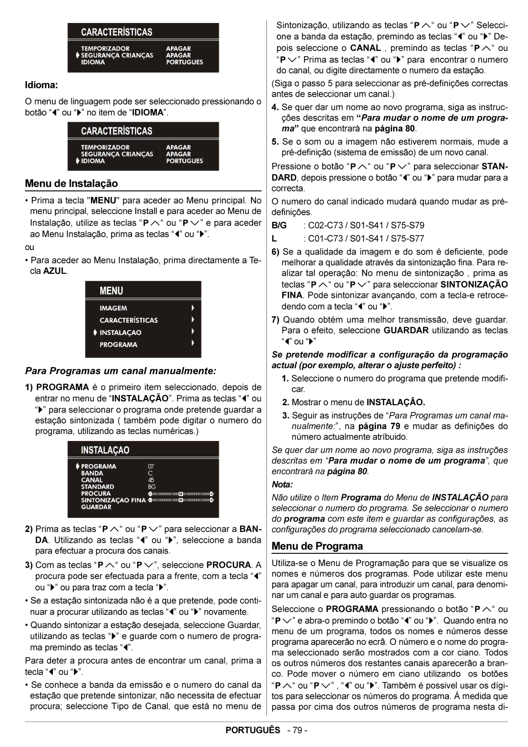 JVC AV14BJ8EPS manual Menu de Instalação, Menu de Programa, Idioma 