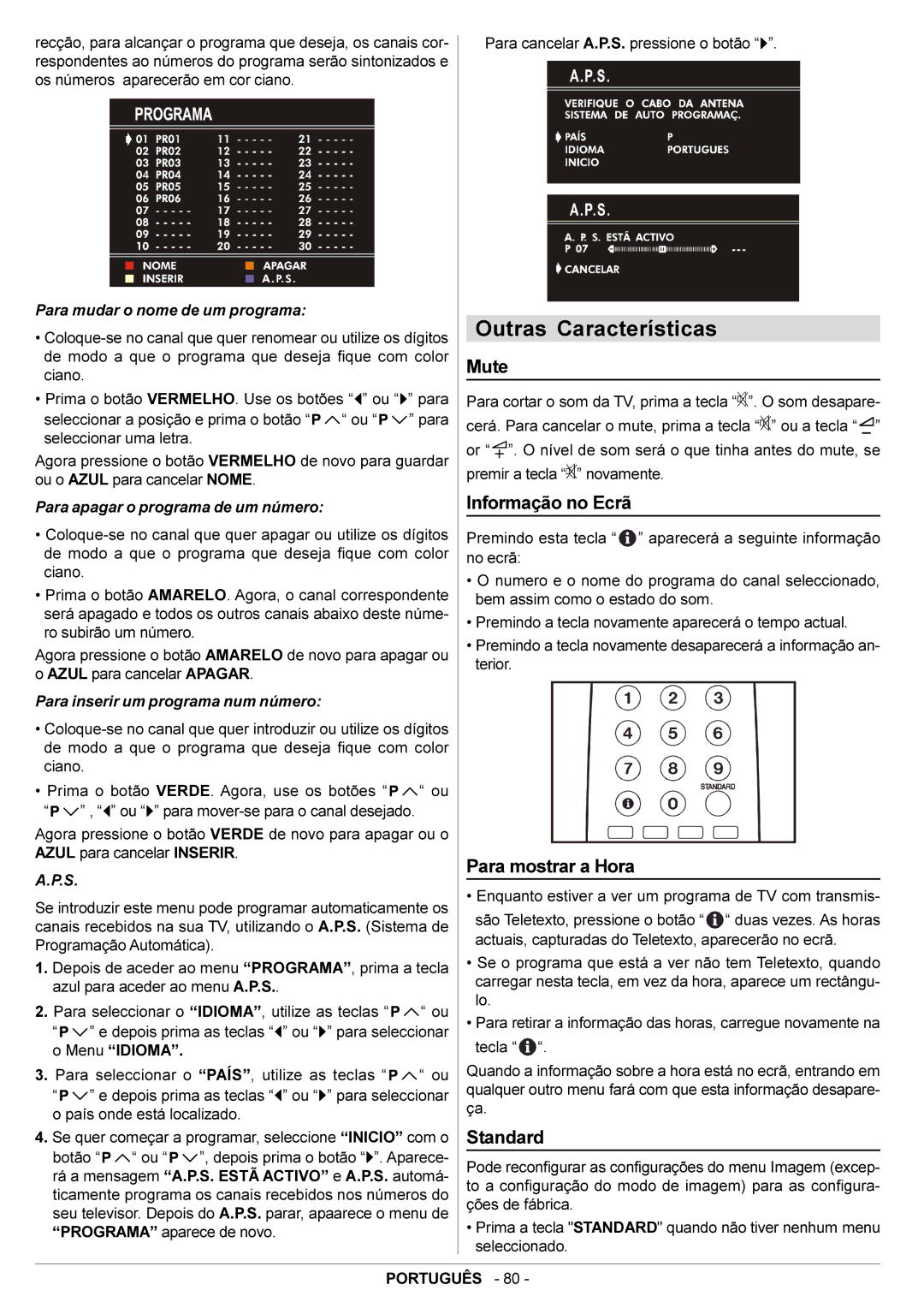 JVC AV14BJ8EPS manual Outras Características, Mute, Informação no Ecrã, Para mostrar a Hora 