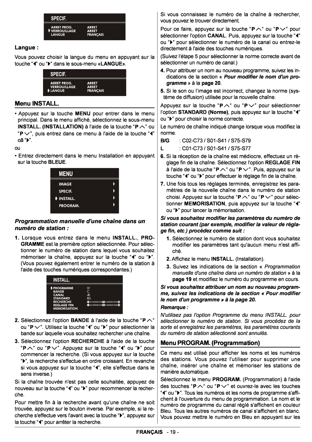 JVC AV14BJ8EPS manual Menu INSTALL, Menu PROGRAM. Programmation, Langue, Remarque 