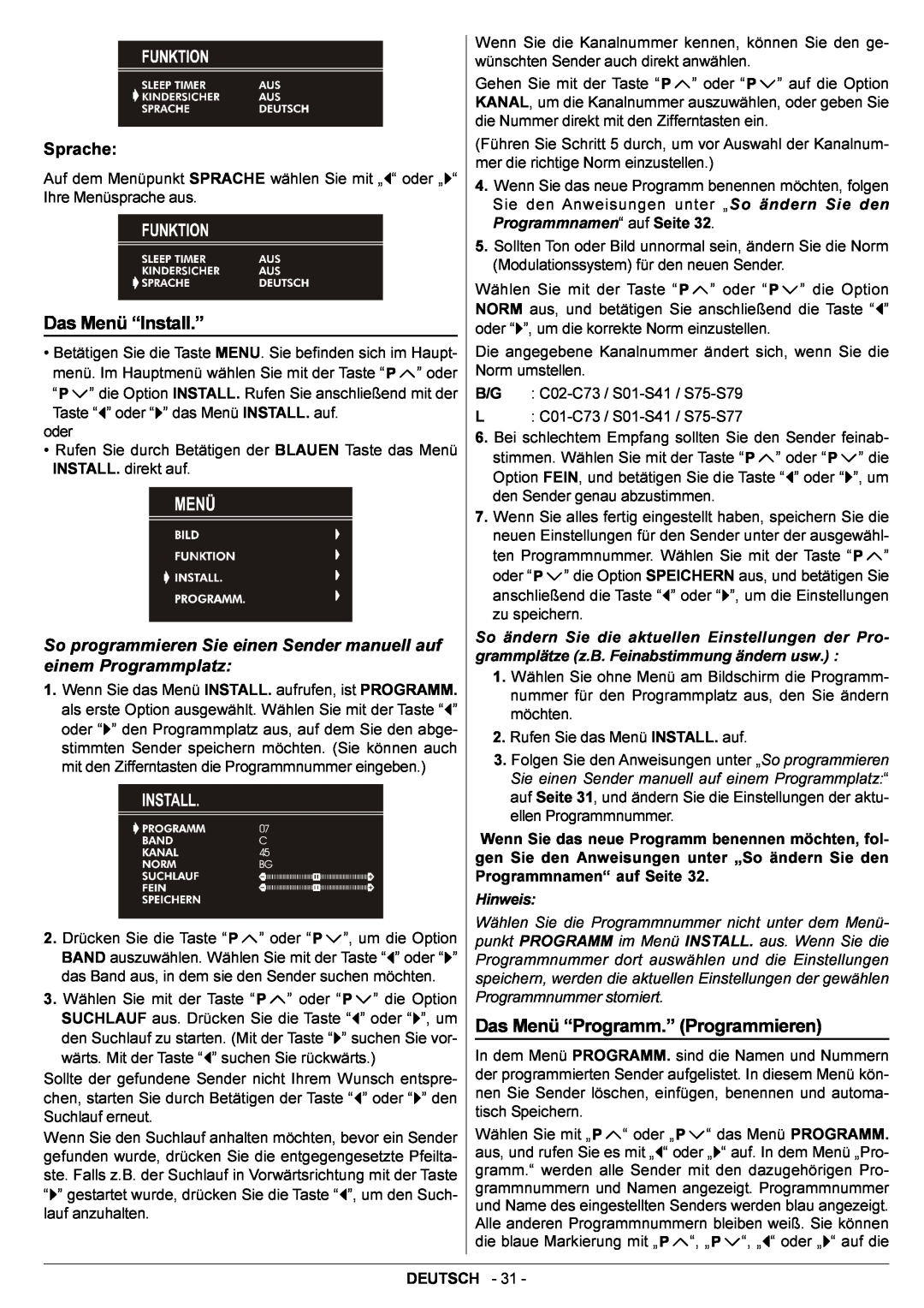 JVC AV14BJ8EPS manual Das Menü “Install.”, Das Menü “Programm.” Programmieren, Sprache, Hinweis 