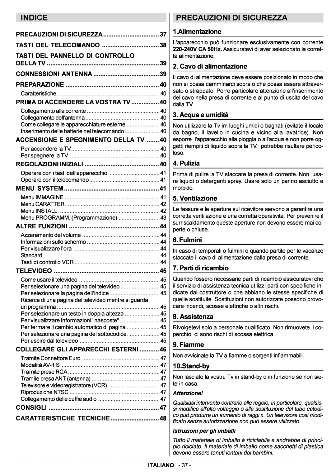 JVC AV14BJ8EPS manual Indice, Precauzioni Di Sicurezza 