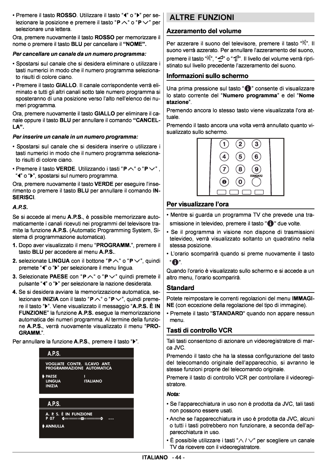 JVC AV14BJ8EPS manual Altre Funzioni, Per cancellare un canale da un numero programma, A.P.S, Nota 