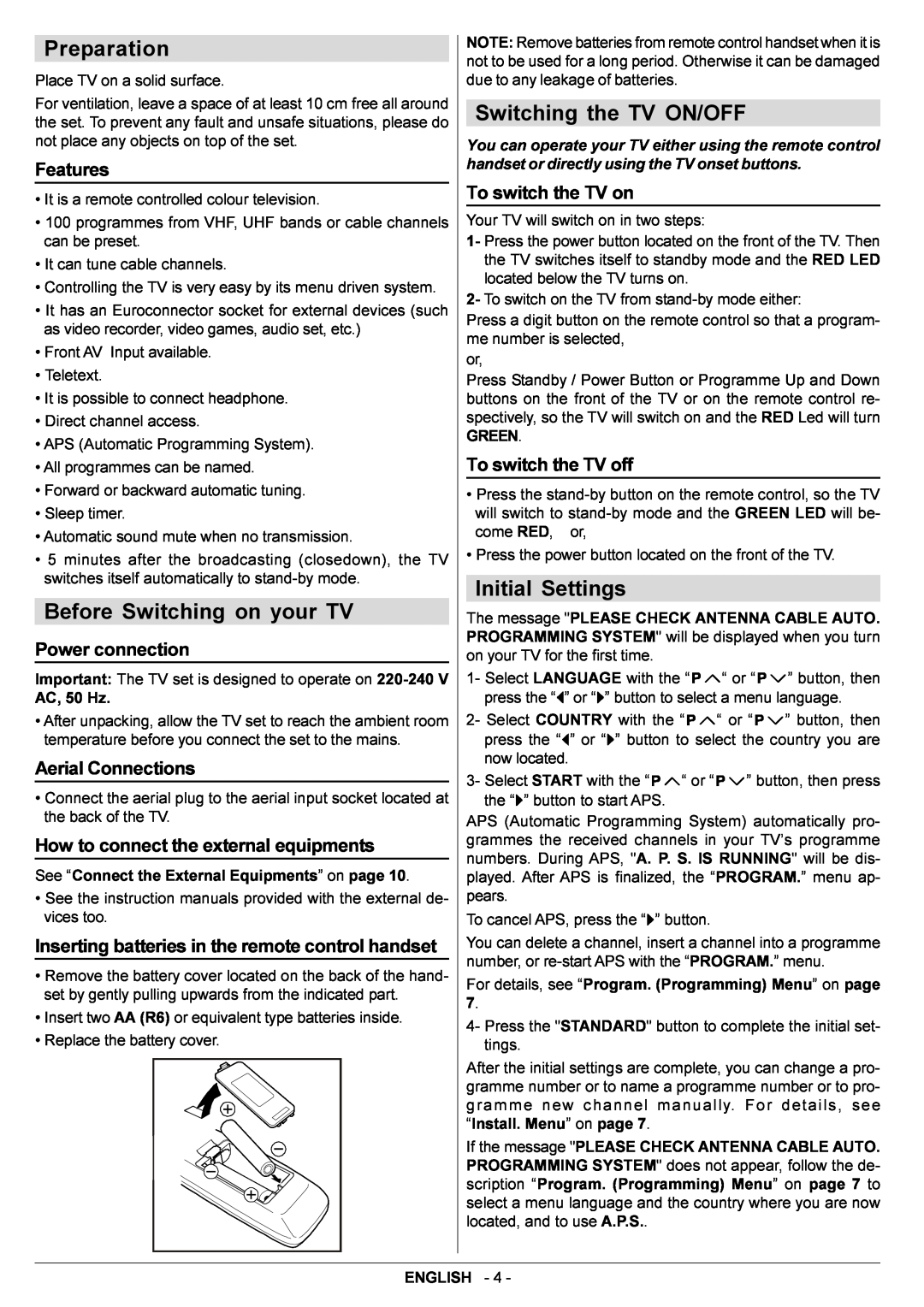 JVC AV14BJ8EPS manual Preparation, Before Switching on your TV, Switching the TV ON/OFF, Initial Settings, Features 