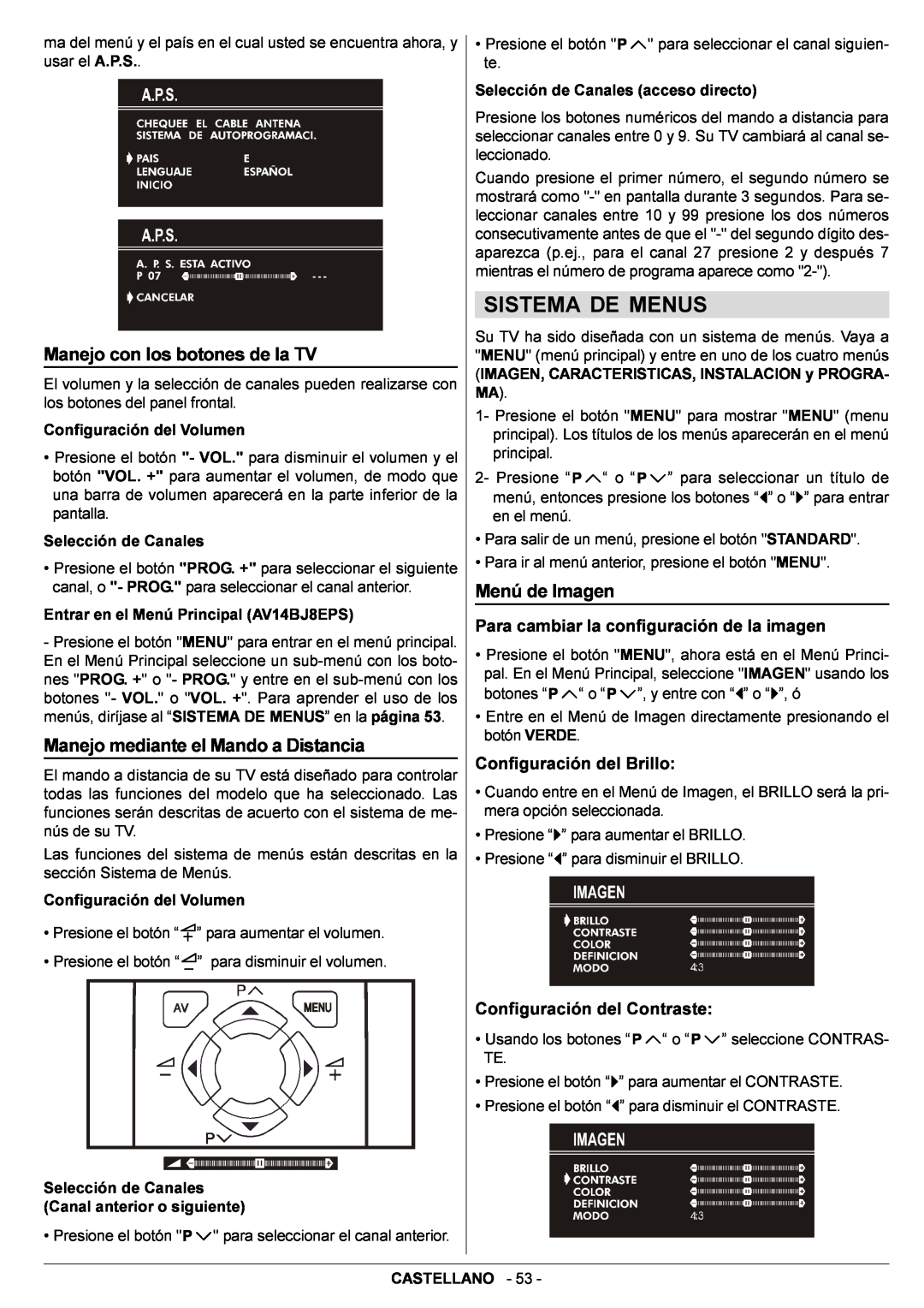 JVC AV14BJ8EPS Sistema De Menus, Manejo con los botones de la TV, Manejo mediante el Mando a Distancia, Menú de Imagen 
