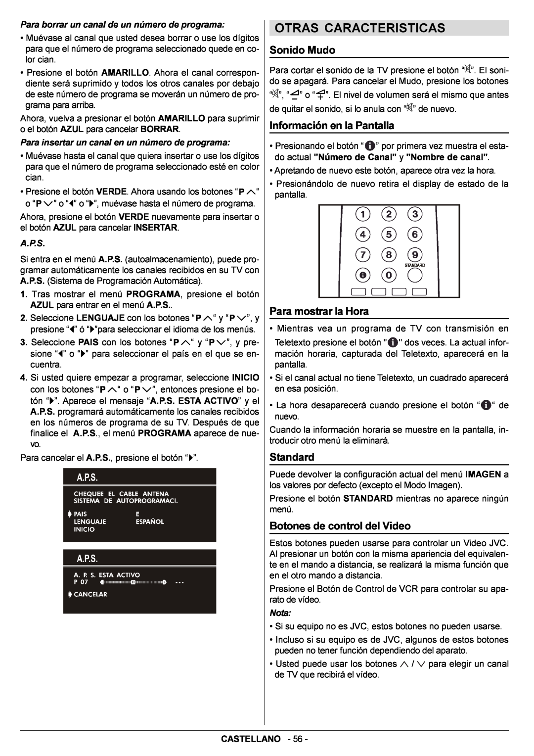 JVC AV14BJ8EPS manual Otras Caracteristicas, Para borrar un canal de un número de programa, A.P.S, Nota 