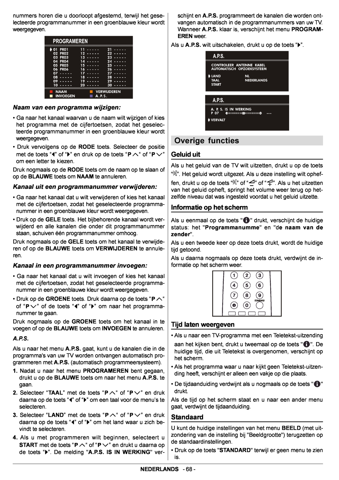 JVC AV14BJ8EPS manual Overige functies, Naam van een programma wijzigen, Kanaal uit een programmanummer verwijderen, A.P.S 