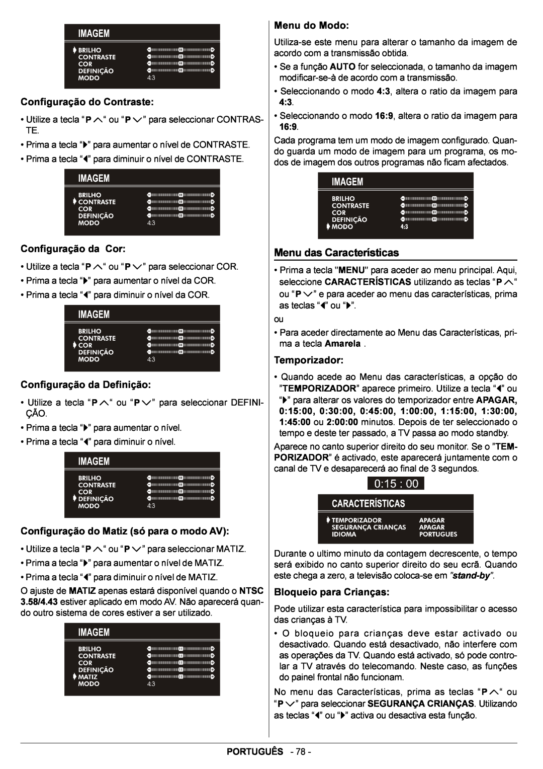 JVC AV14BJ8EPS manual Menu das Características, Configuração do Contraste, Configuração da Cor, Configuração da Definição 