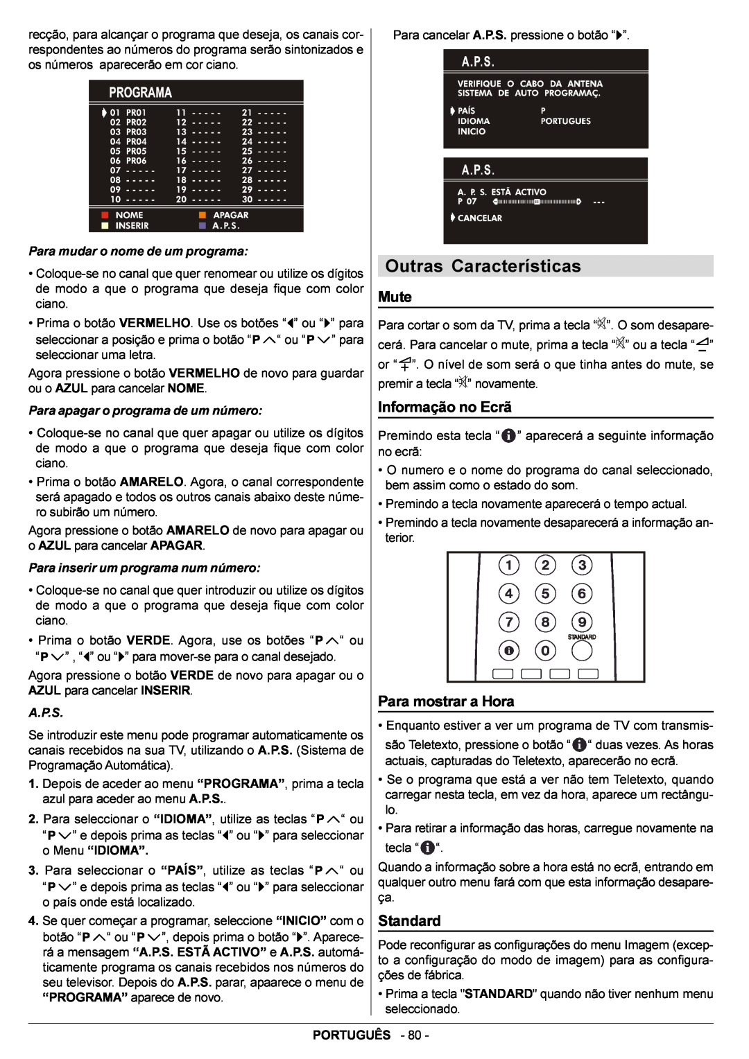 JVC AV14BJ8EPS manual Outras Características, Para mudar o nome de um programa, Para apagar o programa de um número, A.P.S 