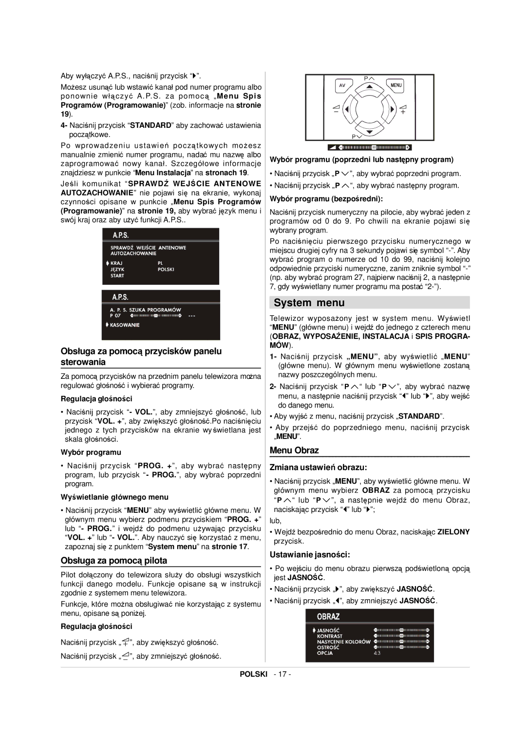 JVC AV20BJ8EES, AV21BJ8EES manual System menu, Obsługa za pomocą przycisków panelu sterowania 