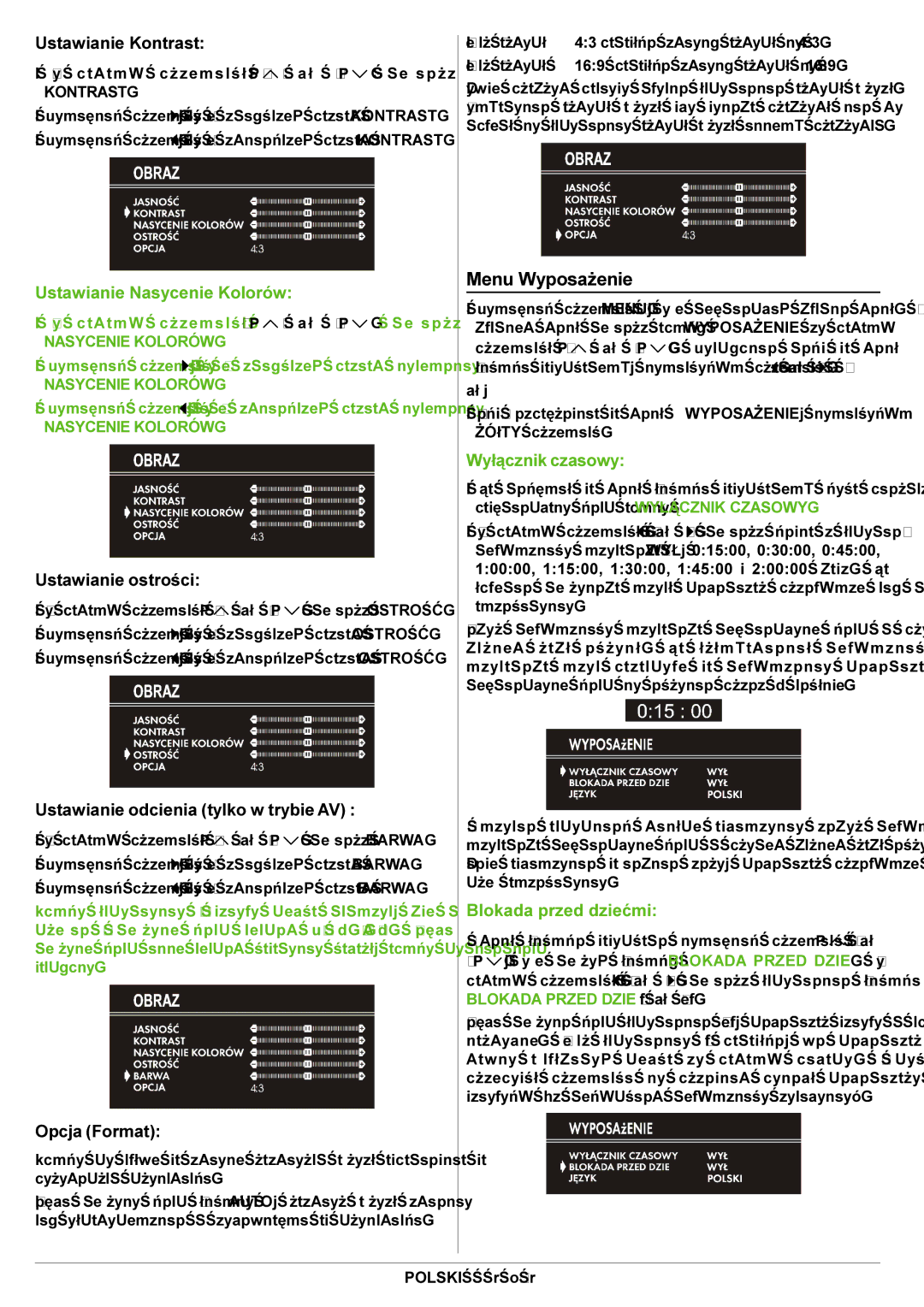 JVC AV21BJ8EES manual Menu Wyposa¿enie, Ustawianie Kontrast, Ustawianie ostroœci, Ustawianie odcienia tylko w trybie AV 