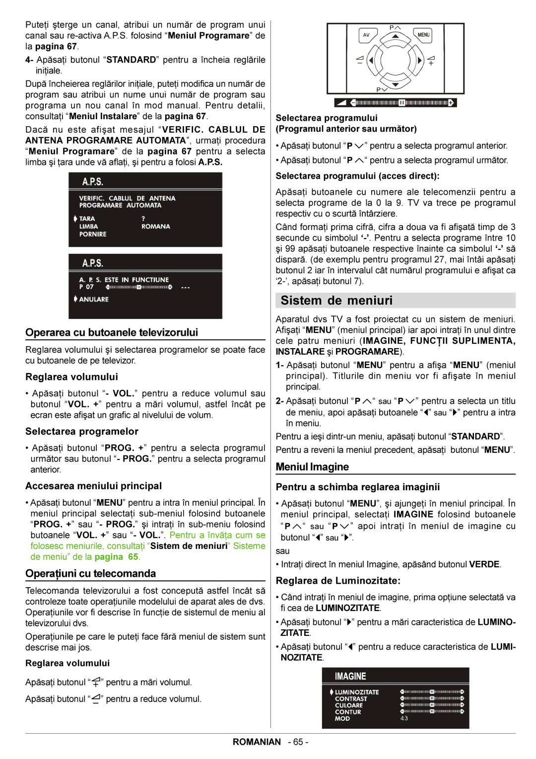 JVC AV20BJ8EES manual Sistem de meniuri, Operarea cu butoanele televizorului, Operaþiuni cu telecomanda, Meniul Imagine 