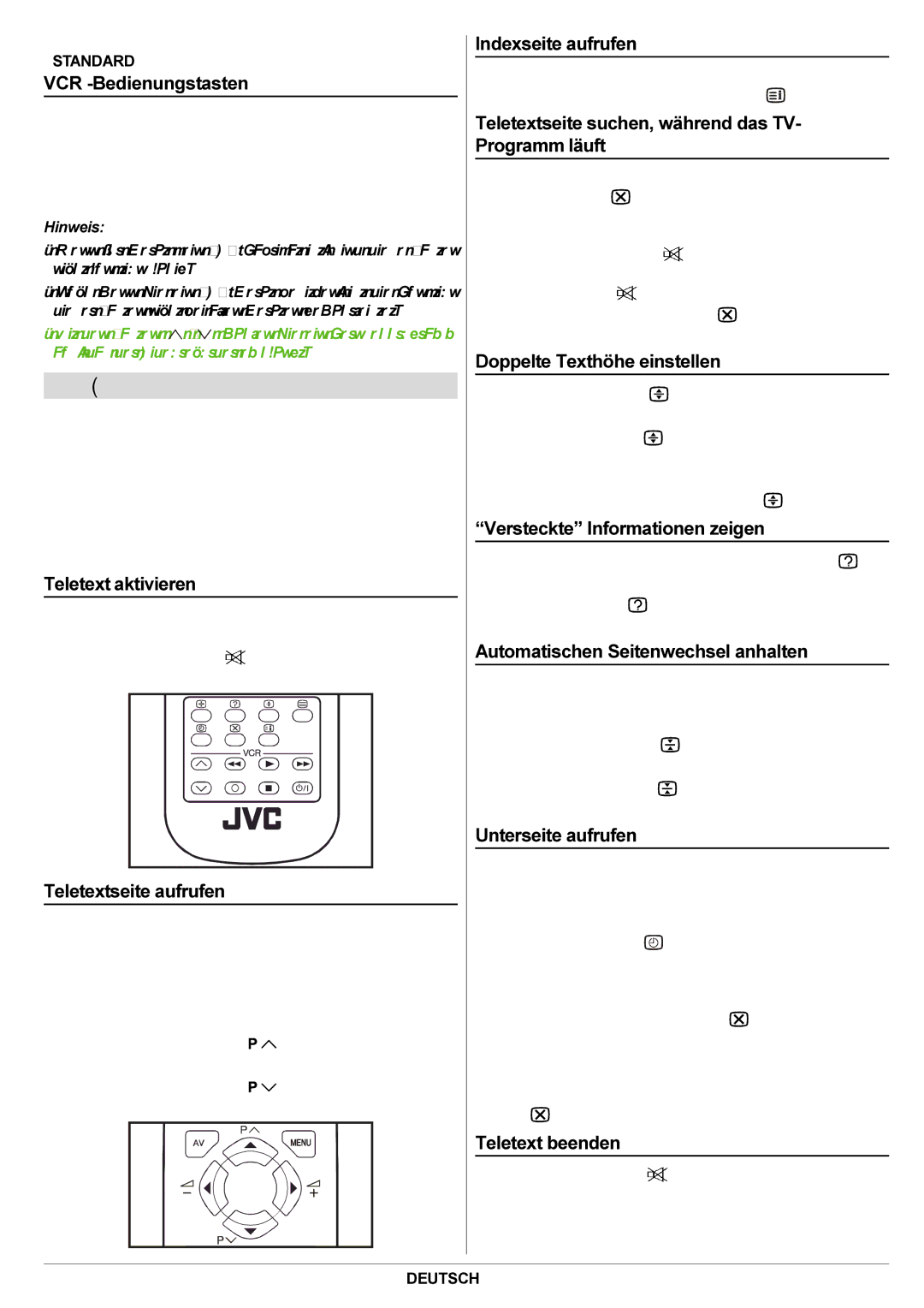 JVC AV21BJ8ENS VCR -Bedienungstasten, Teletext aktivieren, Teletextseite aufrufen, Indexseite aufrufen, Teletext beenden 