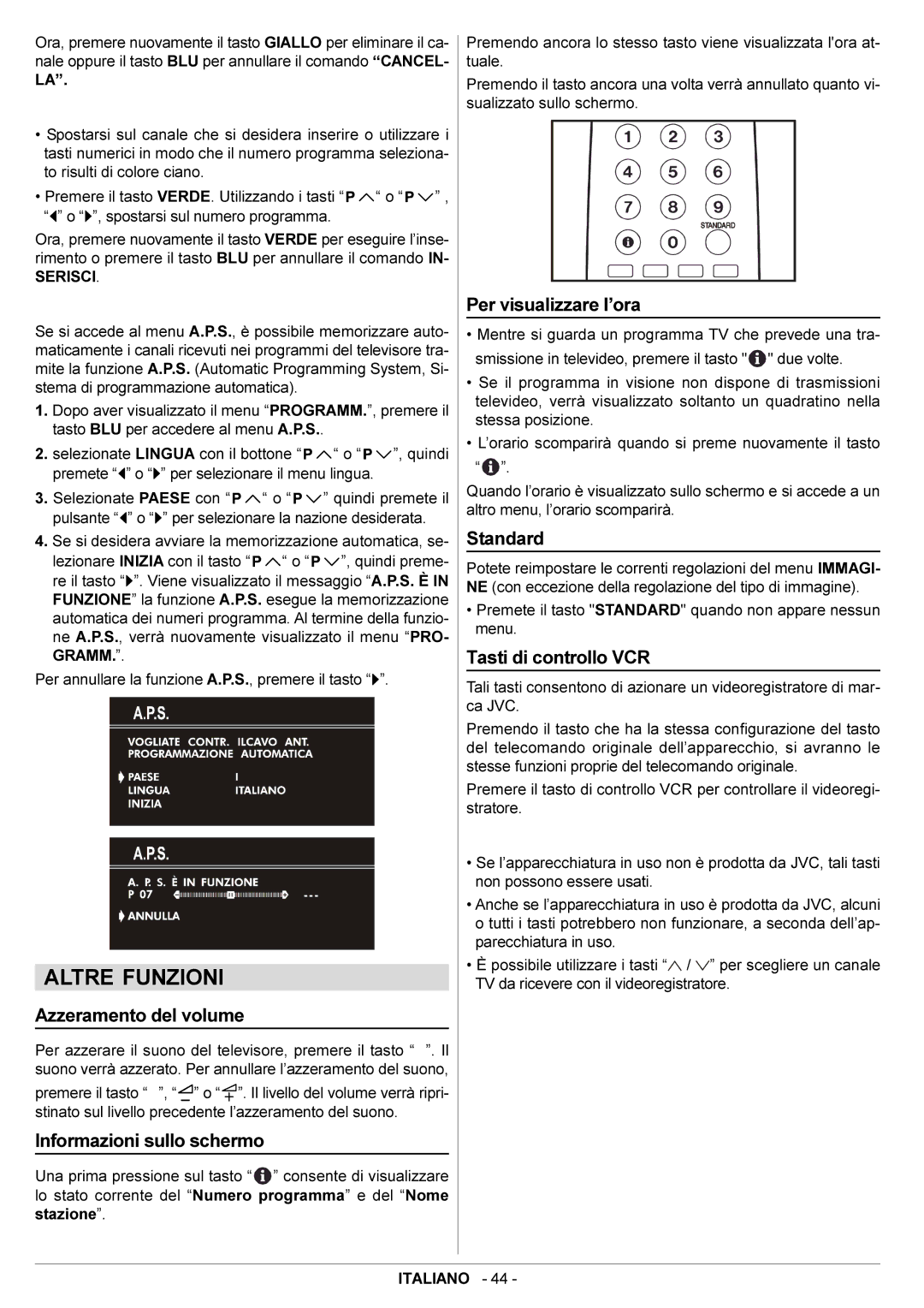 JVC AV21BJ8ENS manual Altre Funzioni, Azzeramento del volume, Informazioni sullo schermo, Per visualizzare l’ora 