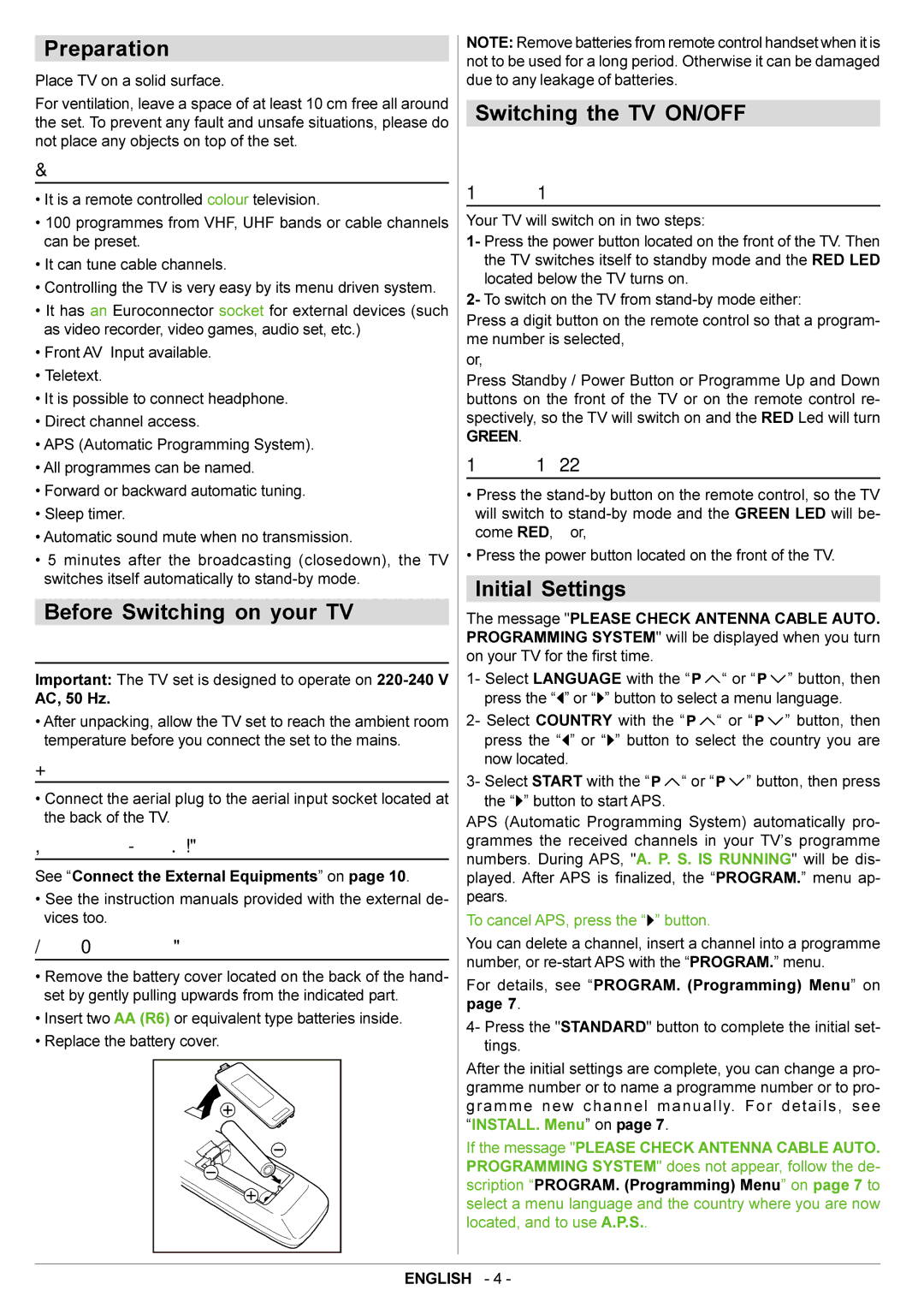 JVC AV21BJ8ENS manual Preparation, Before Switching on your TV, Switching the TV ON/OFF, Initial Settings 