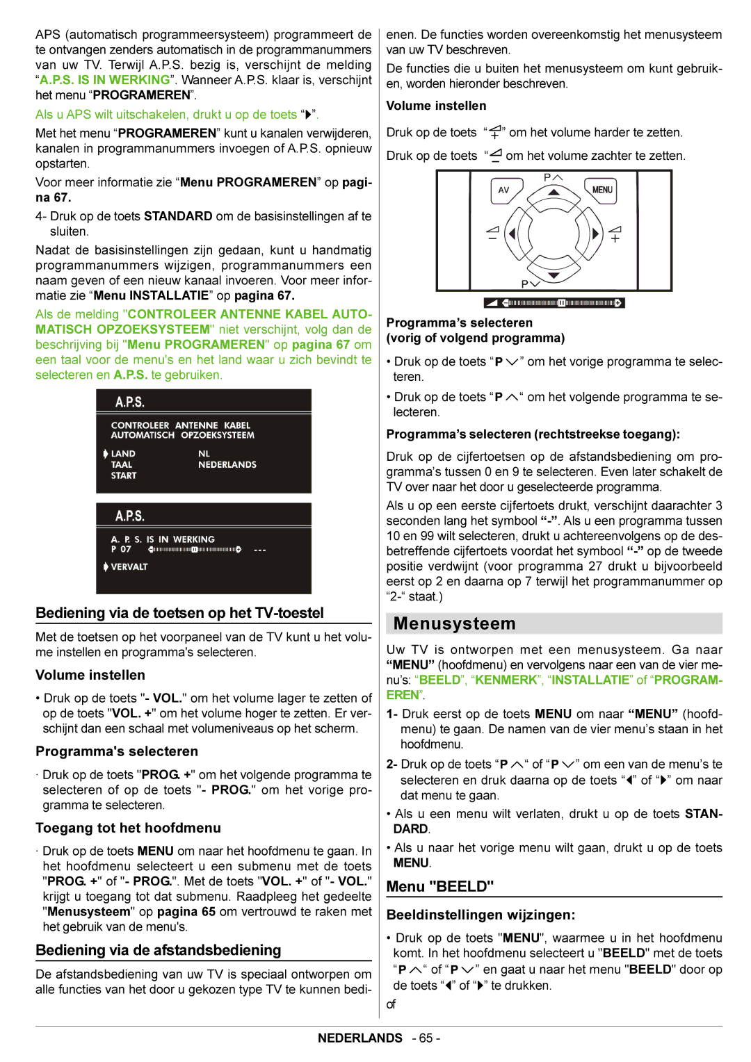 JVC AV21BJ8ENS Menusysteem, Bediening via de toetsen op het TV-toestel, Bediening via de afstandsbediening, Menu Beeld 