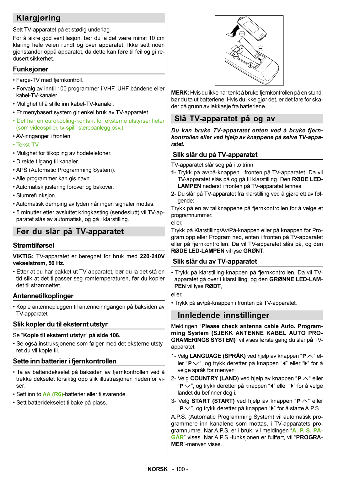 JVC AV21BJ8ENS manual Klargjøring, Før du slår på TV-apparatet, Slå TV-apparatet på og av, Innledende innstillinger 