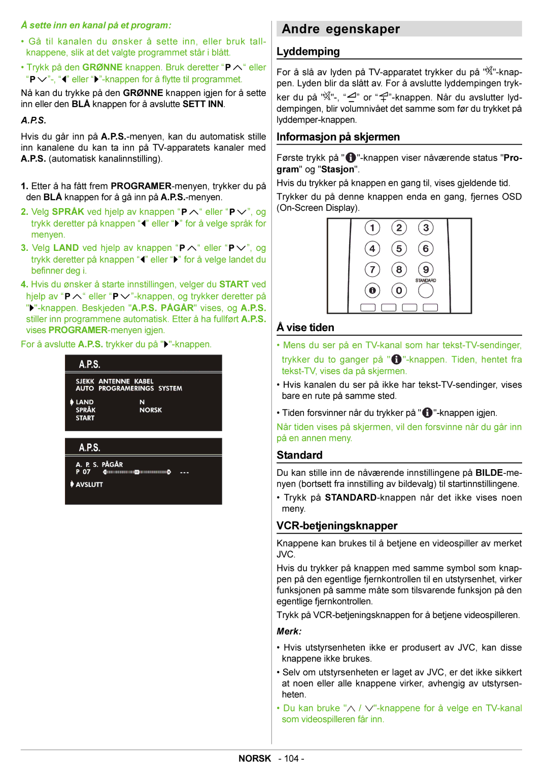 JVC AV21BJ8ENS manual Andre egenskaper, Lyddemping, Informasjon på skjermen, Vise tiden, VCR-betjeningsknapper 