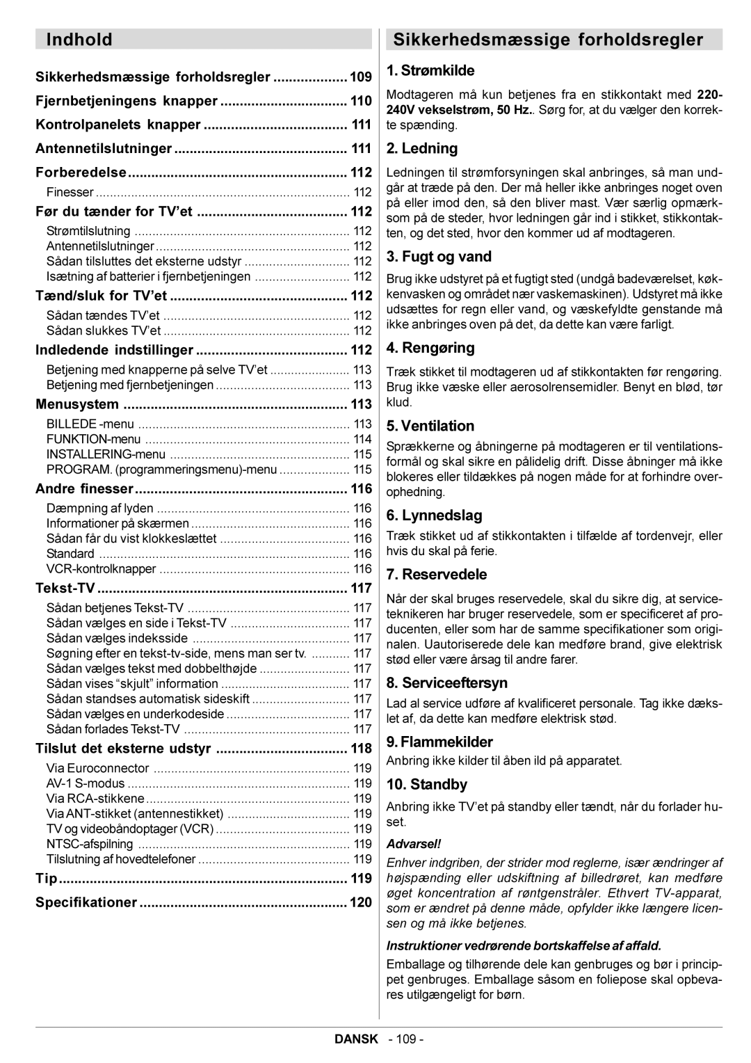 JVC AV21BJ8ENS manual Indhold, Sikkerhedsmæssige forholdsregler 