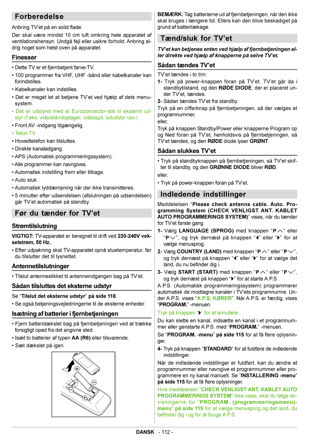 JVC AV21BJ8ENS manual Forberedelse, Før du tænder for TV’et, Tænd/sluk for TV’et, Indledende indstillinger 