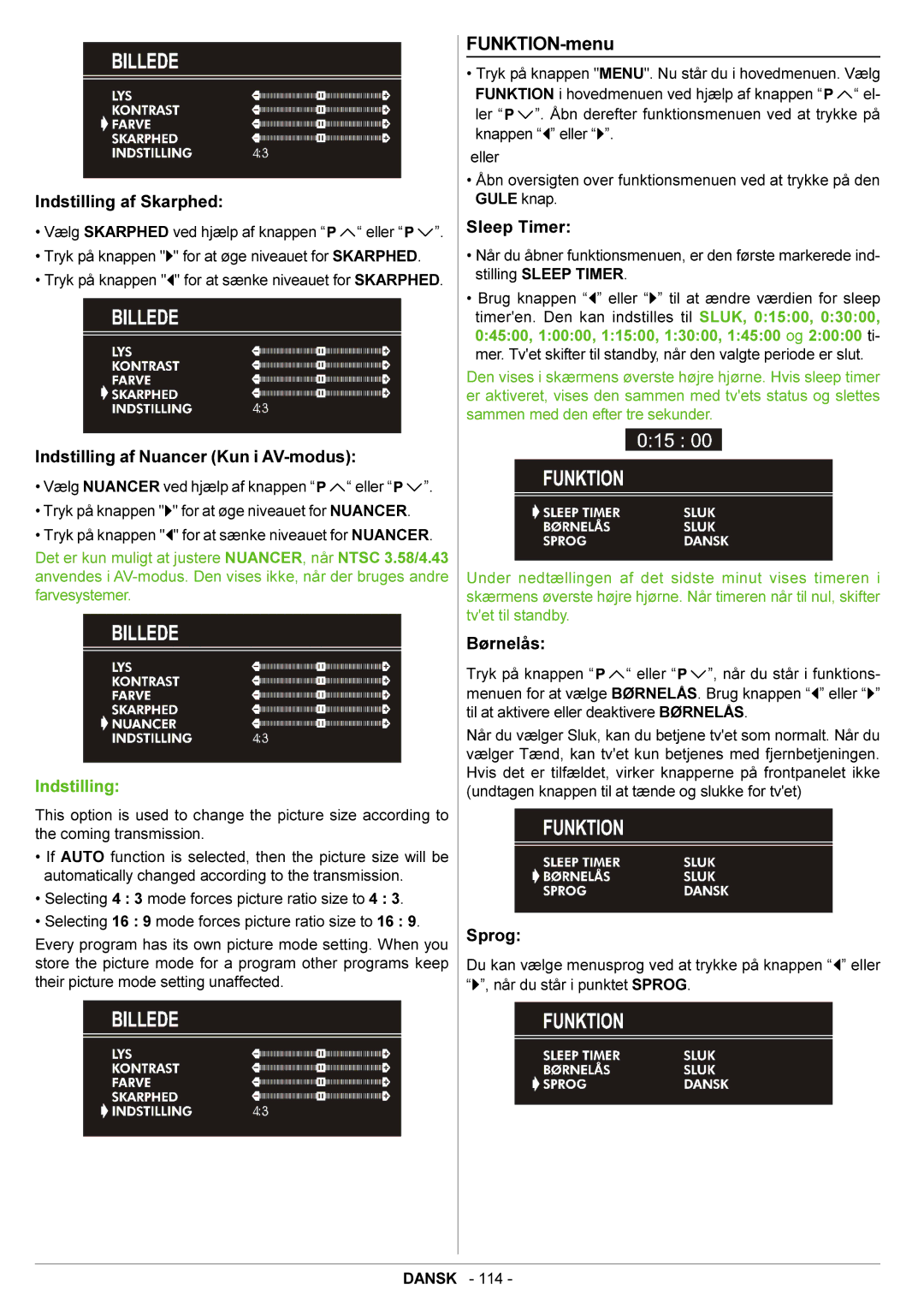 JVC AV21BJ8ENS manual FUNKTION-menu, Indstilling af Skarphed, Indstilling af Nuancer Kun i AV-modus, Børnelås, Sprog 