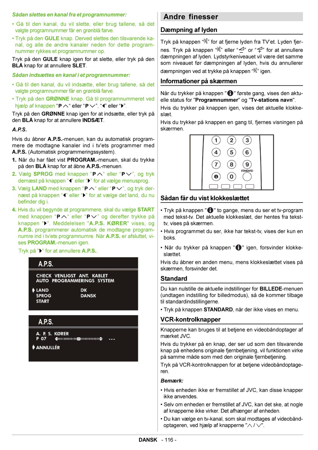 JVC AV21BJ8ENS manual Andre finesser, Dæmpning af lyden, Informationer på skærmen, Sådan får du vist klokkeslættet 