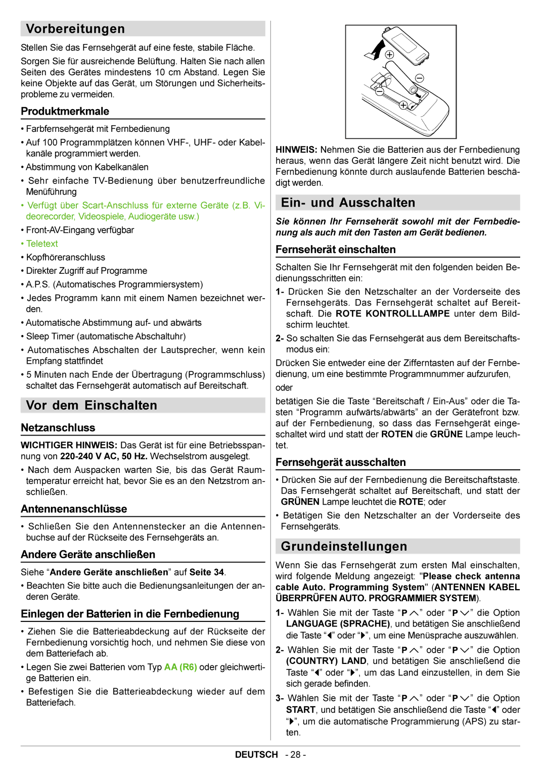 JVC AV21BJ8ENS manual Vorbereitungen, Vor dem Einschalten, Ein- und Ausschalten, Grundeinstellungen 