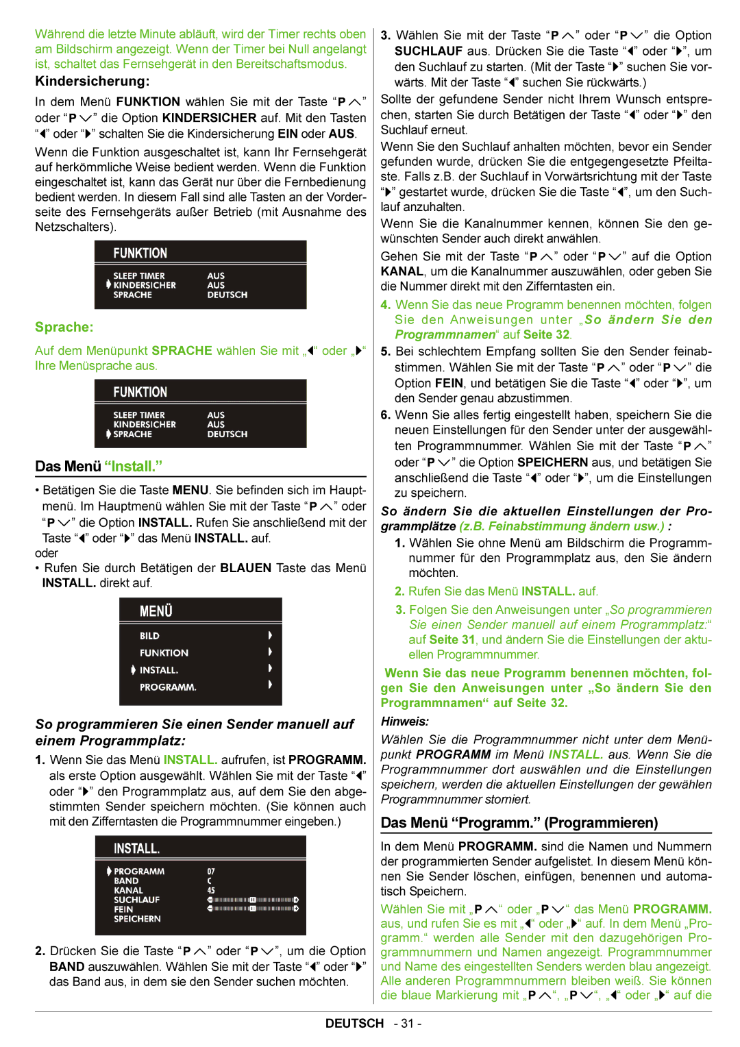 JVC AV21BJ8ENS manual Das Menü Programm. Programmieren, Kindersicherung 