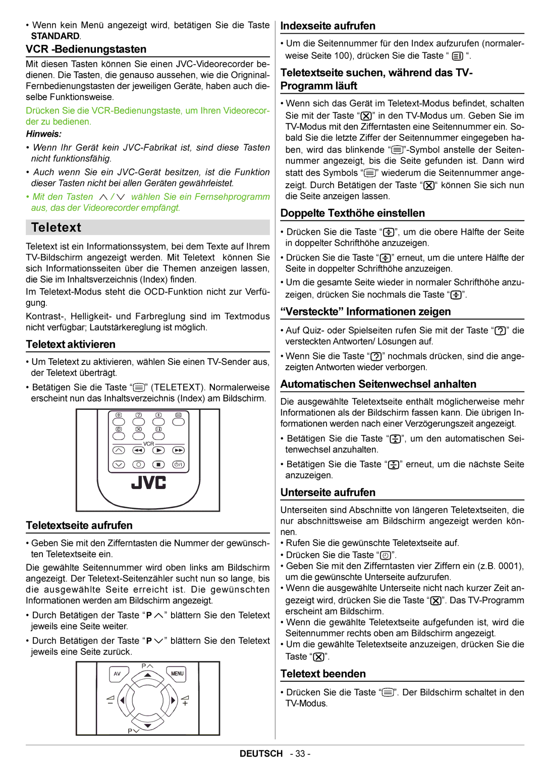 JVC AV21BJ8ENS VCR -Bedienungstasten, Teletext aktivieren, Teletextseite aufrufen, Indexseite aufrufen, Teletext beenden 