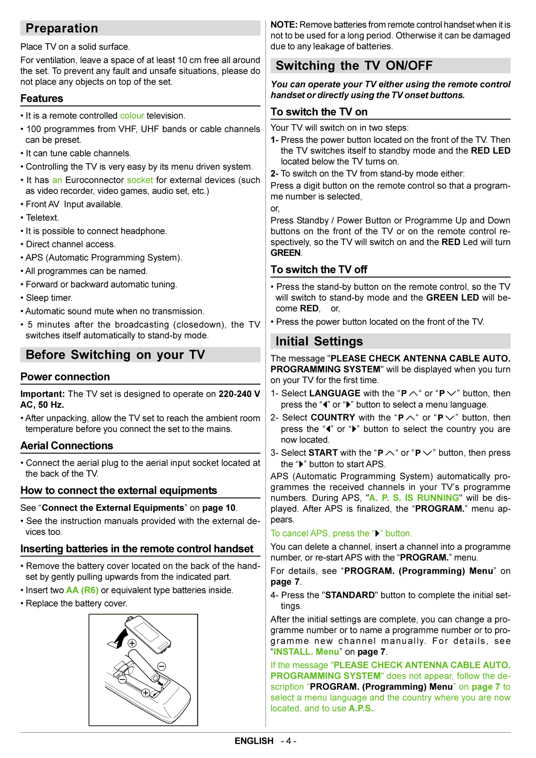 JVC AV21BJ8ENS manual Preparation, Before Switching on your TV, Switching the TV ON/OFF, Initial Settings 