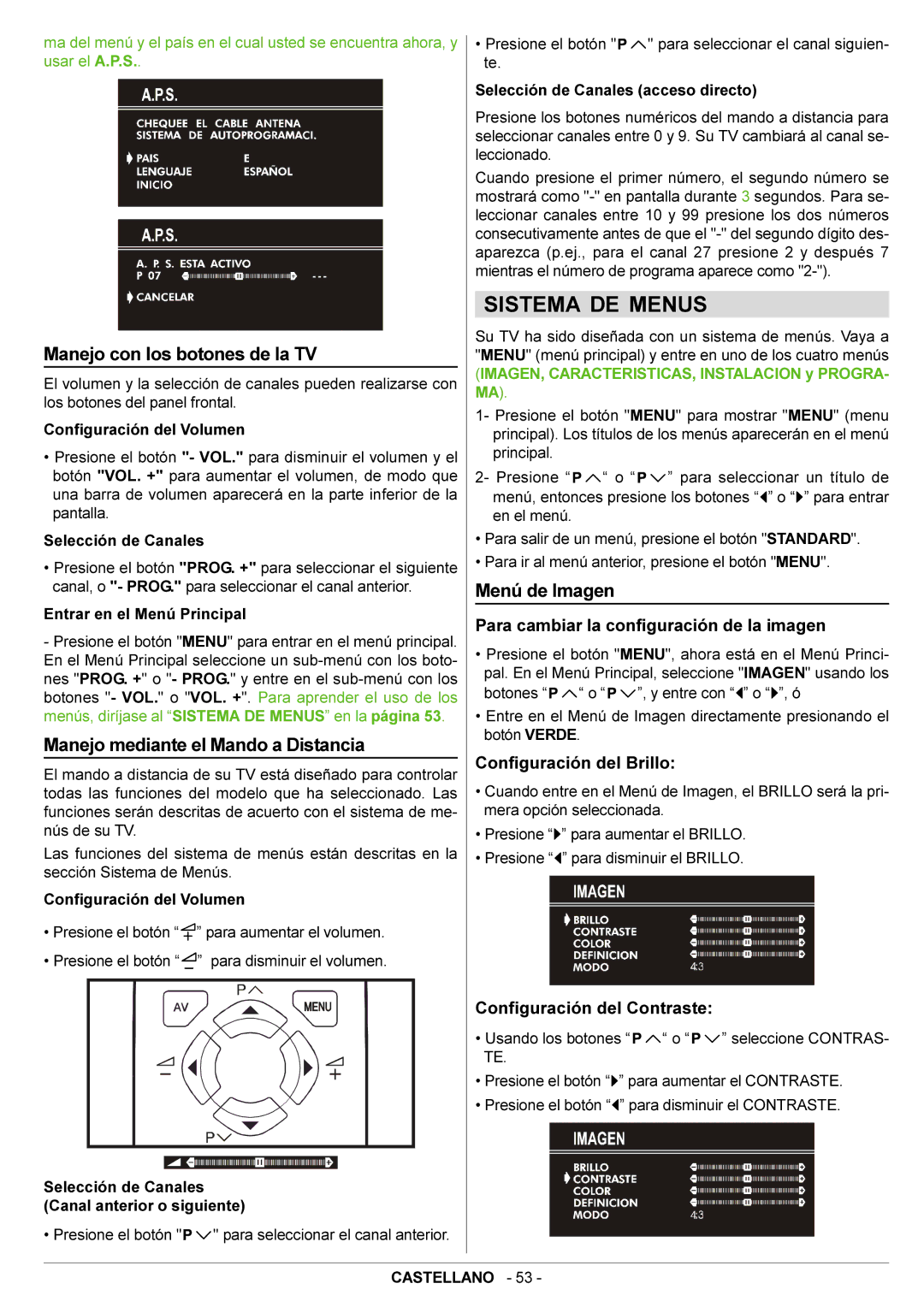 JVC AV21BJ8ENS Sistema DE Menus, Manejo con los botones de la TV, Manejo mediante el Mando a Distancia, Menú de Imagen 