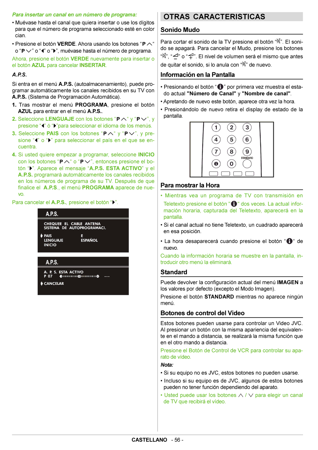 JVC AV21BJ8ENS manual Otras Caracteristicas, Sonido Mudo, Información en la Pantalla, Para mostrar la Hora 