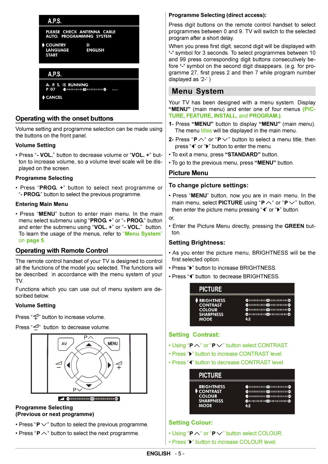 JVC AV21BJ8ENS manual Menu System, Operating with the onset buttons, Picture Menu, Operating with Remote Control 