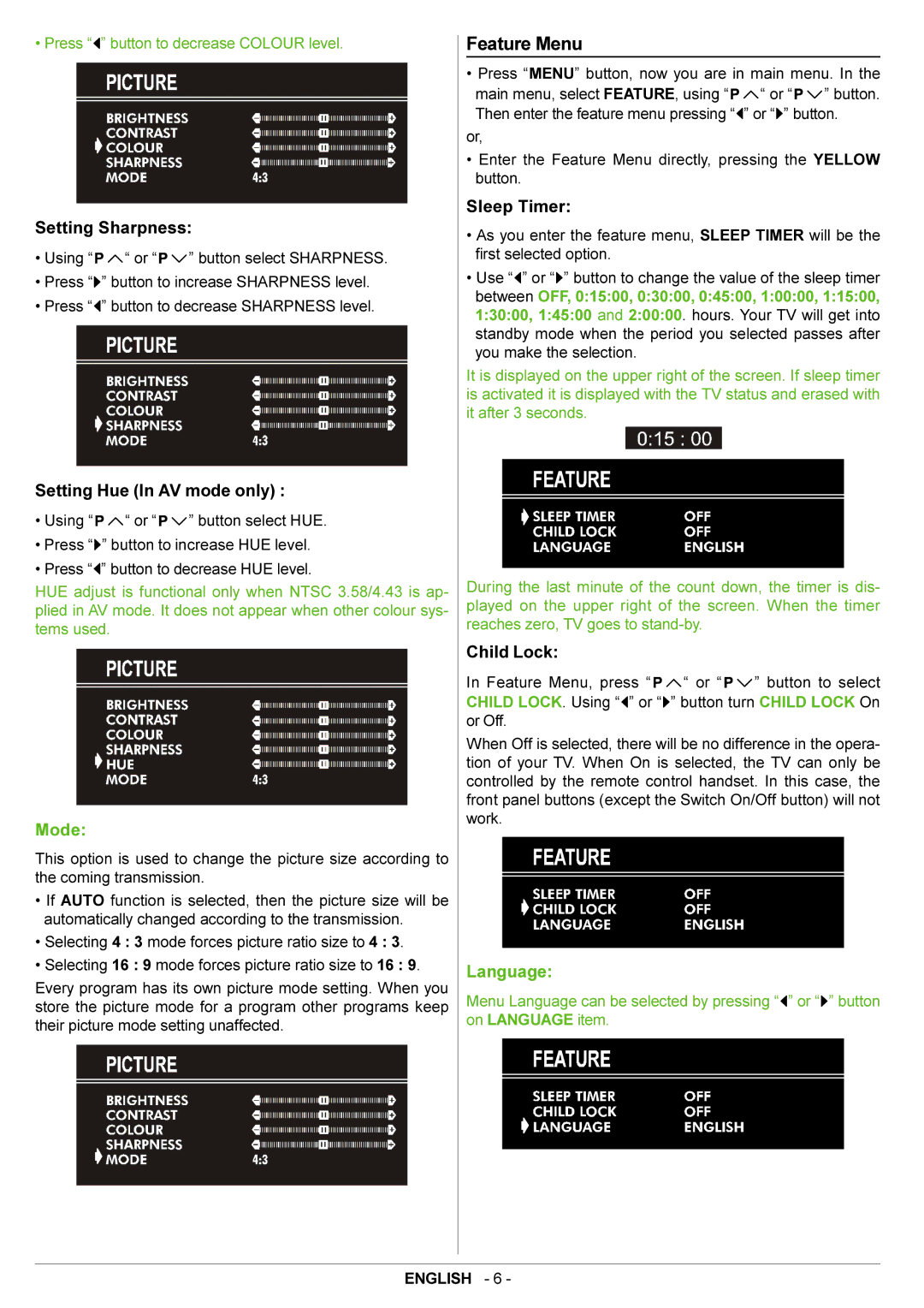 JVC AV21BJ8ENS manual Feature Menu, Sleep Timer Setting Sharpness, Setting Hue In AV mode only, Child Lock 