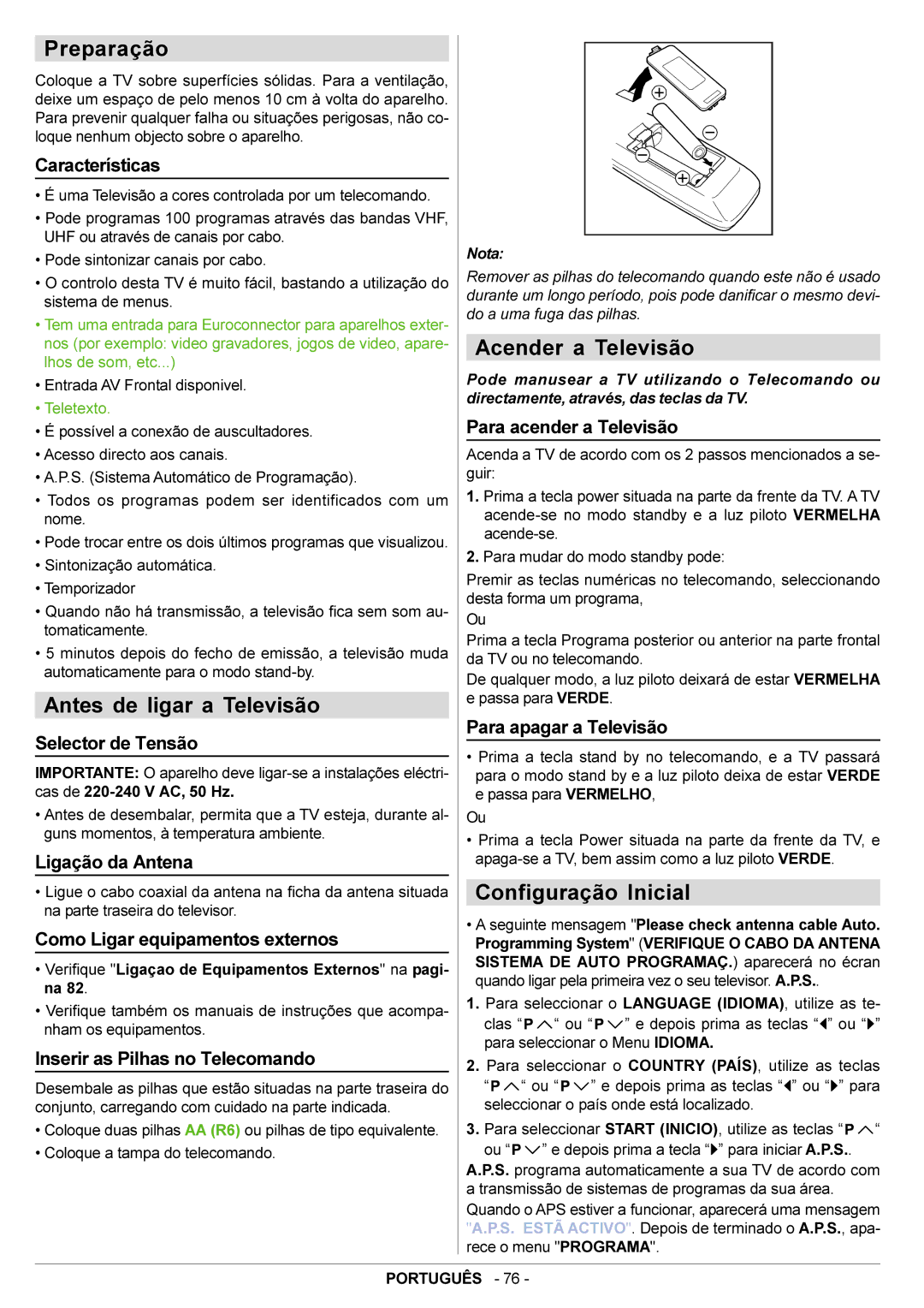 JVC AV21BJ8ENS manual Preparação, Antes de ligar a Televisão, Acender a Televisão, Configuração Inicial 