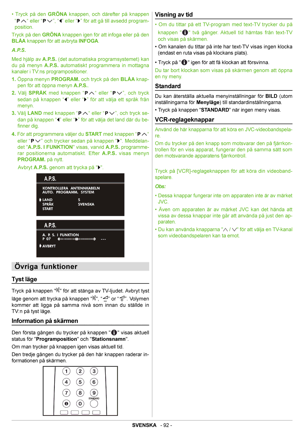 JVC AV21BJ8ENS manual Övriga funktioner, Tyst läge, Information på skärmen, Visning av tid, VCR-reglageknappar 