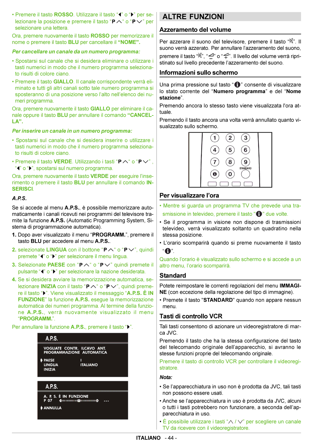 JVC AV21BJ8EPS manual Altre Funzioni, Azzeramento del volume, Informazioni sullo schermo, Per visualizzare l’ora 