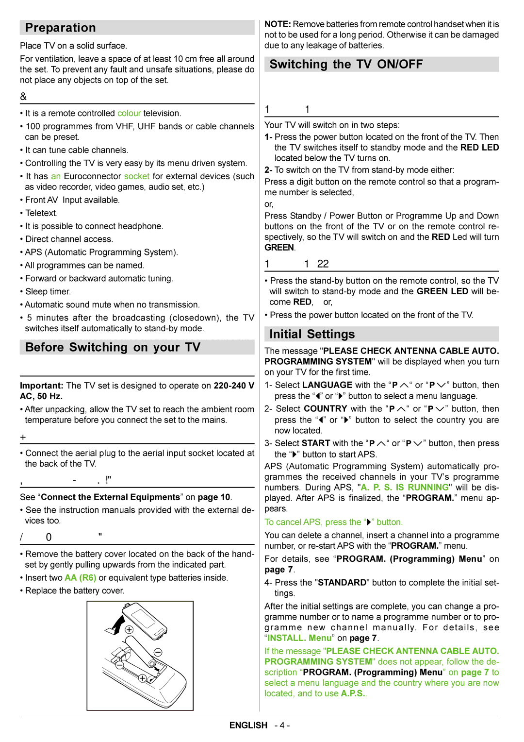 JVC AV21BJ8EPS manual Preparation, Before Switching on your TV, Switching the TV ON/OFF, Initial Settings 