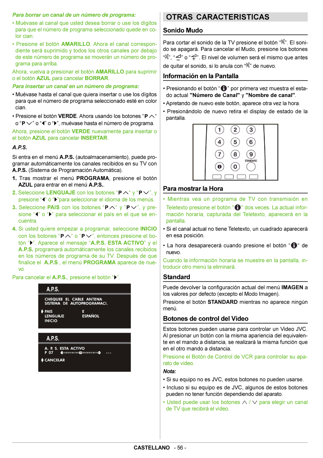 JVC AV21BJ8EPS manual Otras Caracteristicas, Sonido Mudo, Información en la Pantalla, Para mostrar la Hora 