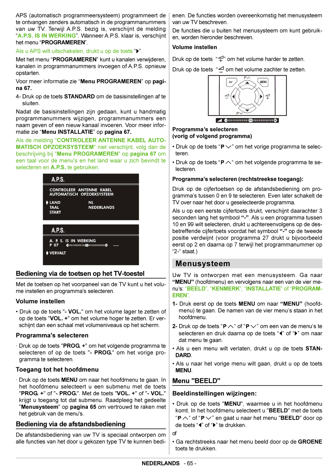 JVC AV21BJ8EPS Menusysteem, Bediening via de toetsen op het TV-toestel, Bediening via de afstandsbediening, Menu Beeld 