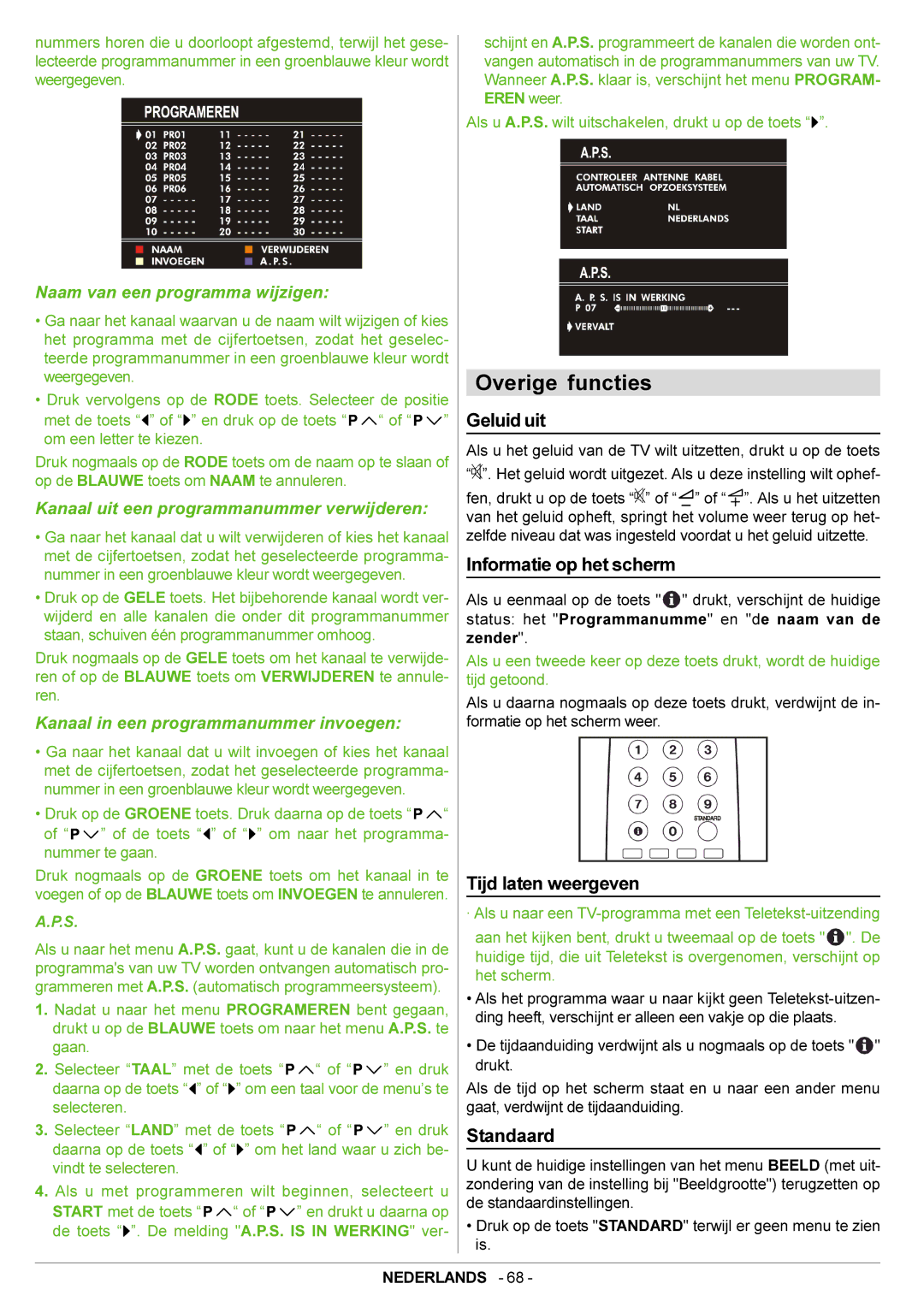 JVC AV21BJ8EPS manual Overige functies, Geluid uit, Informatie op het scherm, Tijd laten weergeven, Standaard 