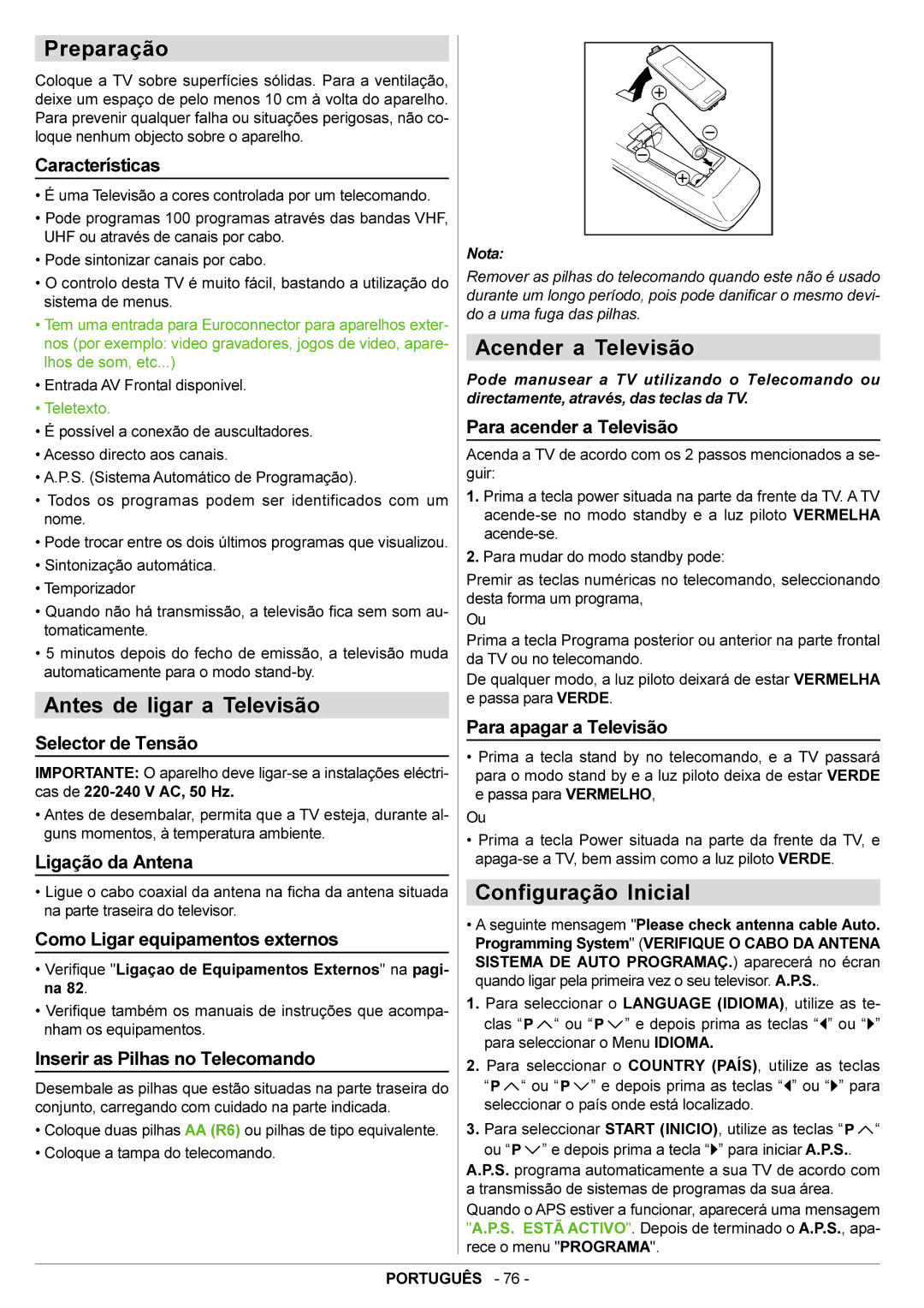 JVC AV21BJ8EPS manual Preparação, Antes de ligar a Televisão, Acender a Televisão, Configuração Inicial 