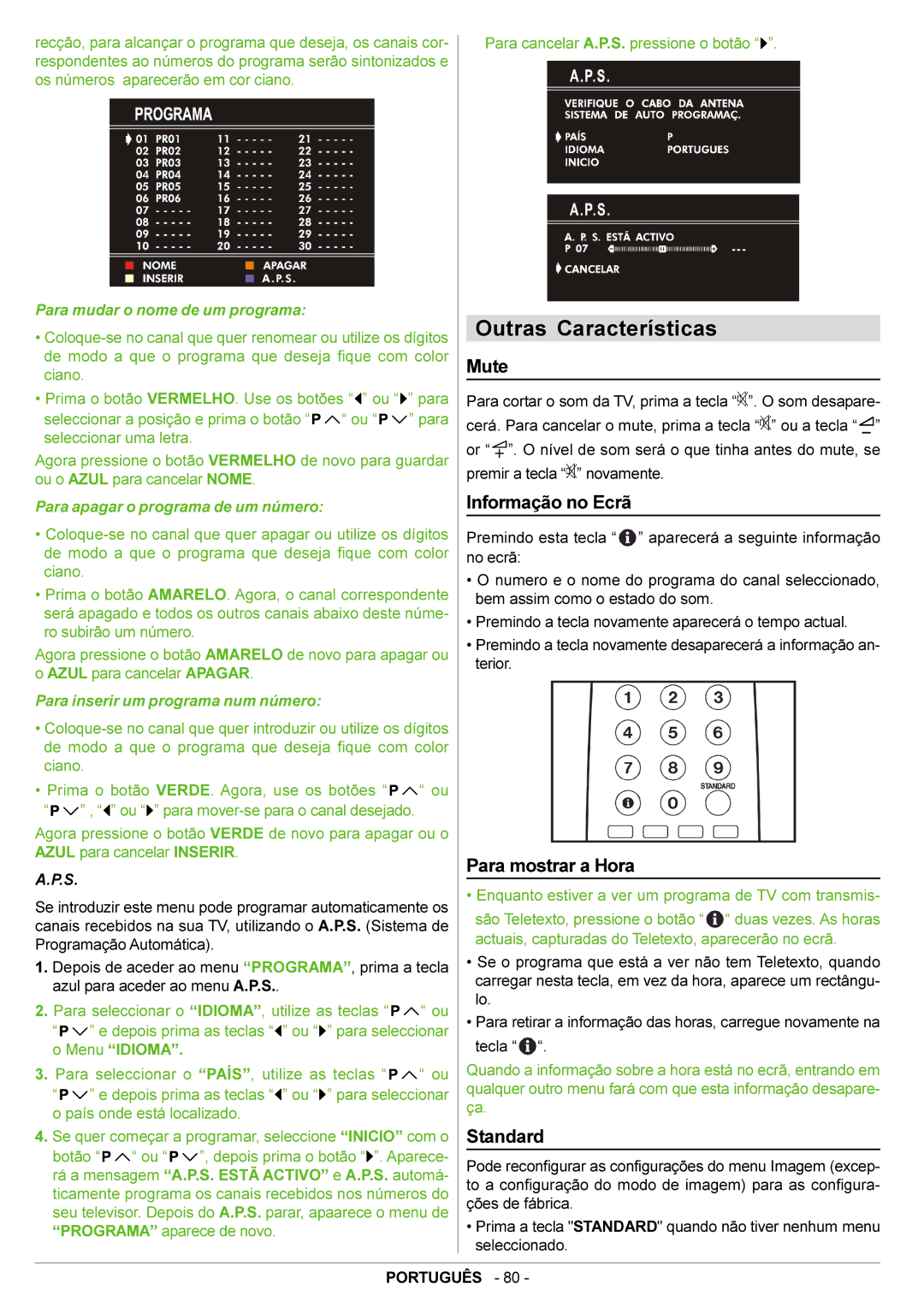 JVC AV21BJ8EPS manual Outras Características, Mute, Informação no Ecrã, Para mostrar a Hora 