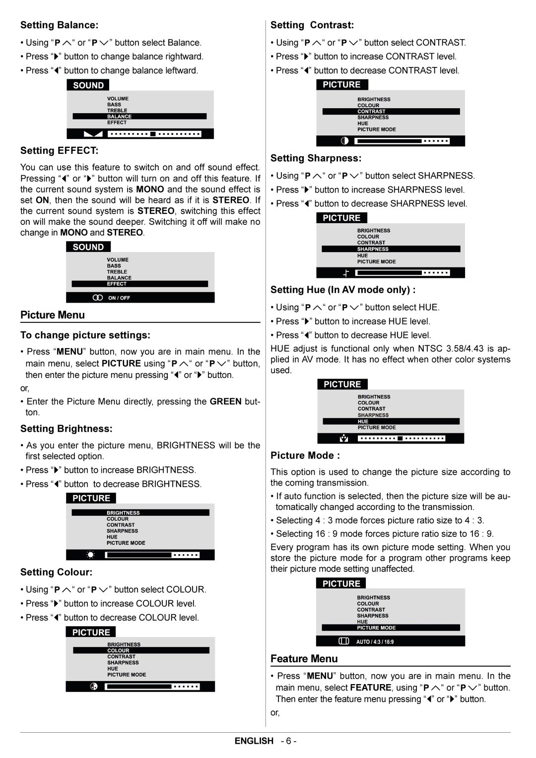 JVC AV21BT70EP, AV28BT70EP manual Picture Menu, Feature Menu 