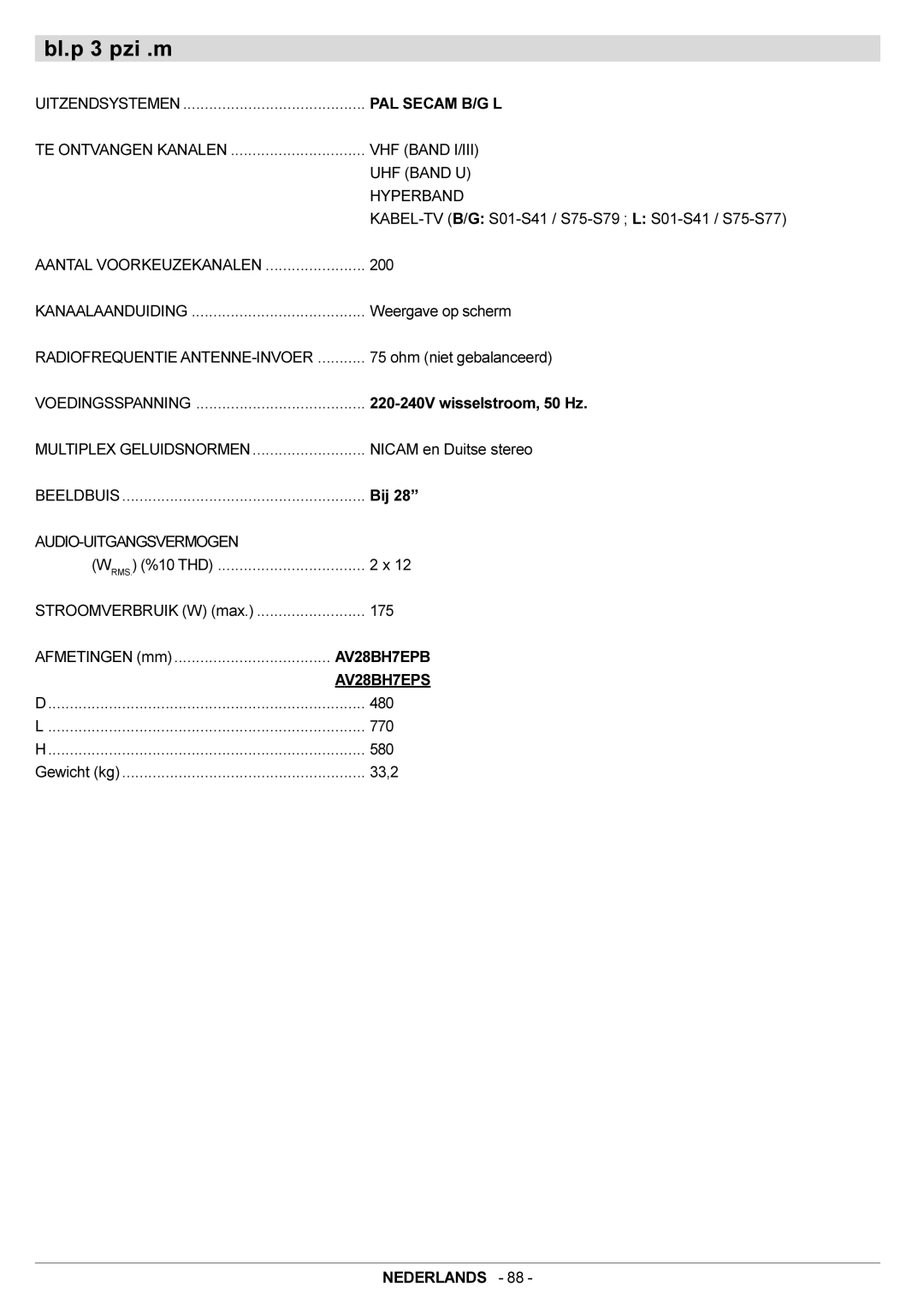 JVC AV28BH7EPB, AV28BH7EPS manual Specificaties, Hyperband 