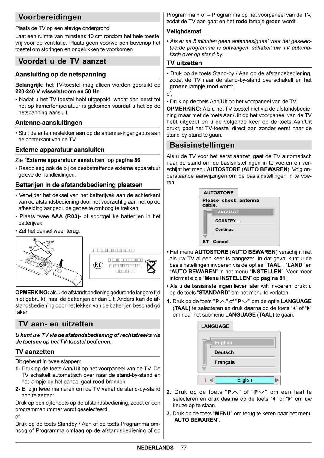 JVC AV28BH7EPS, AV28BH7EPB manual Voorbereidingen, Voordat u de TV aanzet, TV aan- en uitzetten, Basisinstellingen 